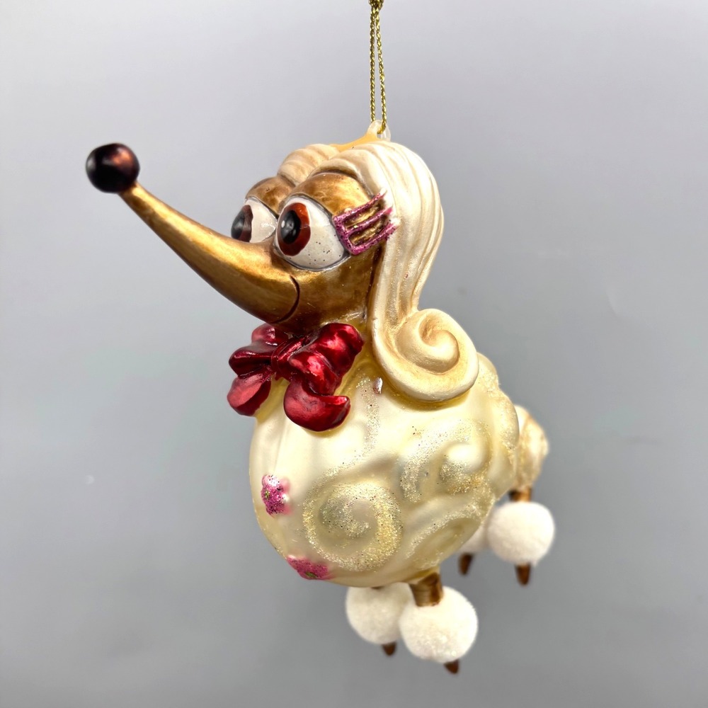 Whimsical Poodle Dog Christmas Ornament Glitter Red Bow Fluffy Paws